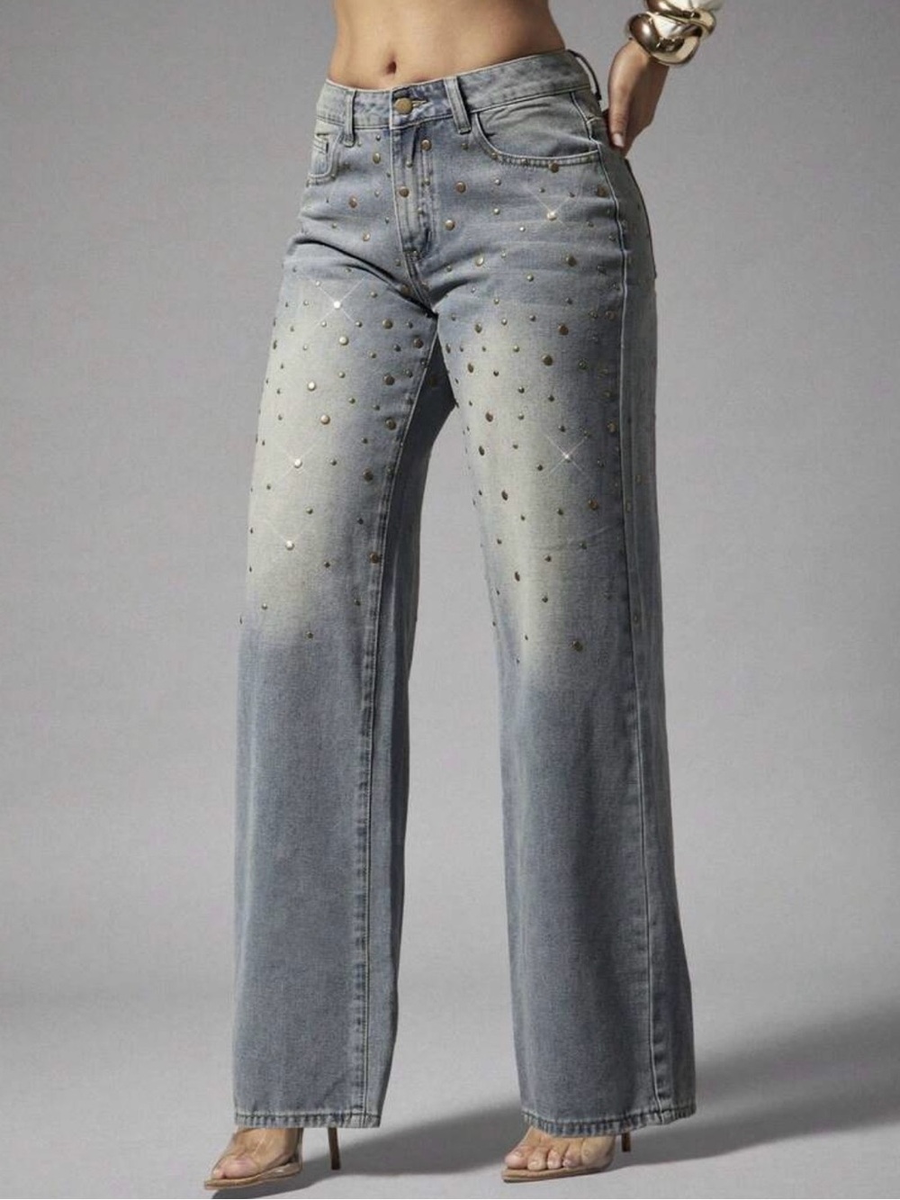 Studded Light Blue Wide-Leg Jeans
